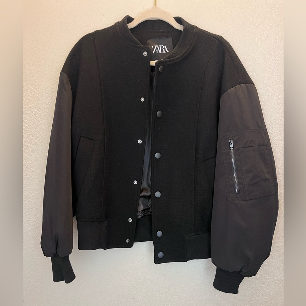 Zara Black Wool-Blend Bomber Jacket